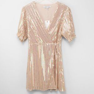 Endless Rose Sequin Mini Wrap Dress Stripe Short Sleeve Gold Pink Medium New
